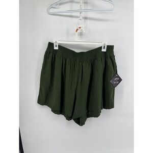 Summer Coastal Olive Green Linen Blend Smocked Elastic Waist Shorts New 3X